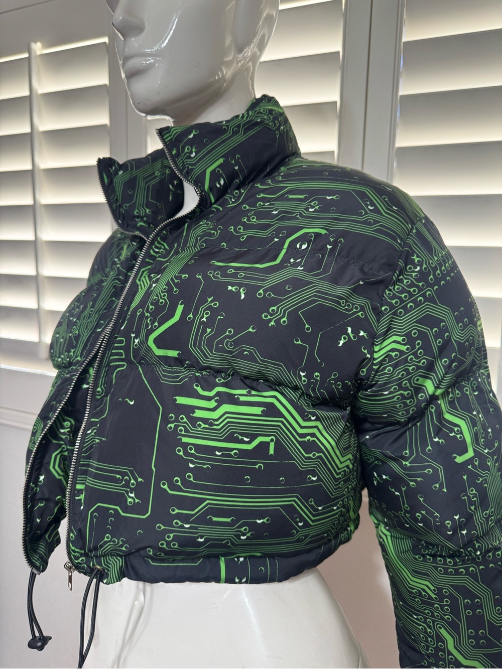 New L black green cyber cropped puffer jacket rave festival raver circuit board